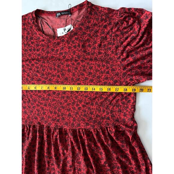 Zara Dainty Floral Dress L Red Black Tiered Cottagecore Raw Hem Boho Maxi Midi - Picture 3 of 9